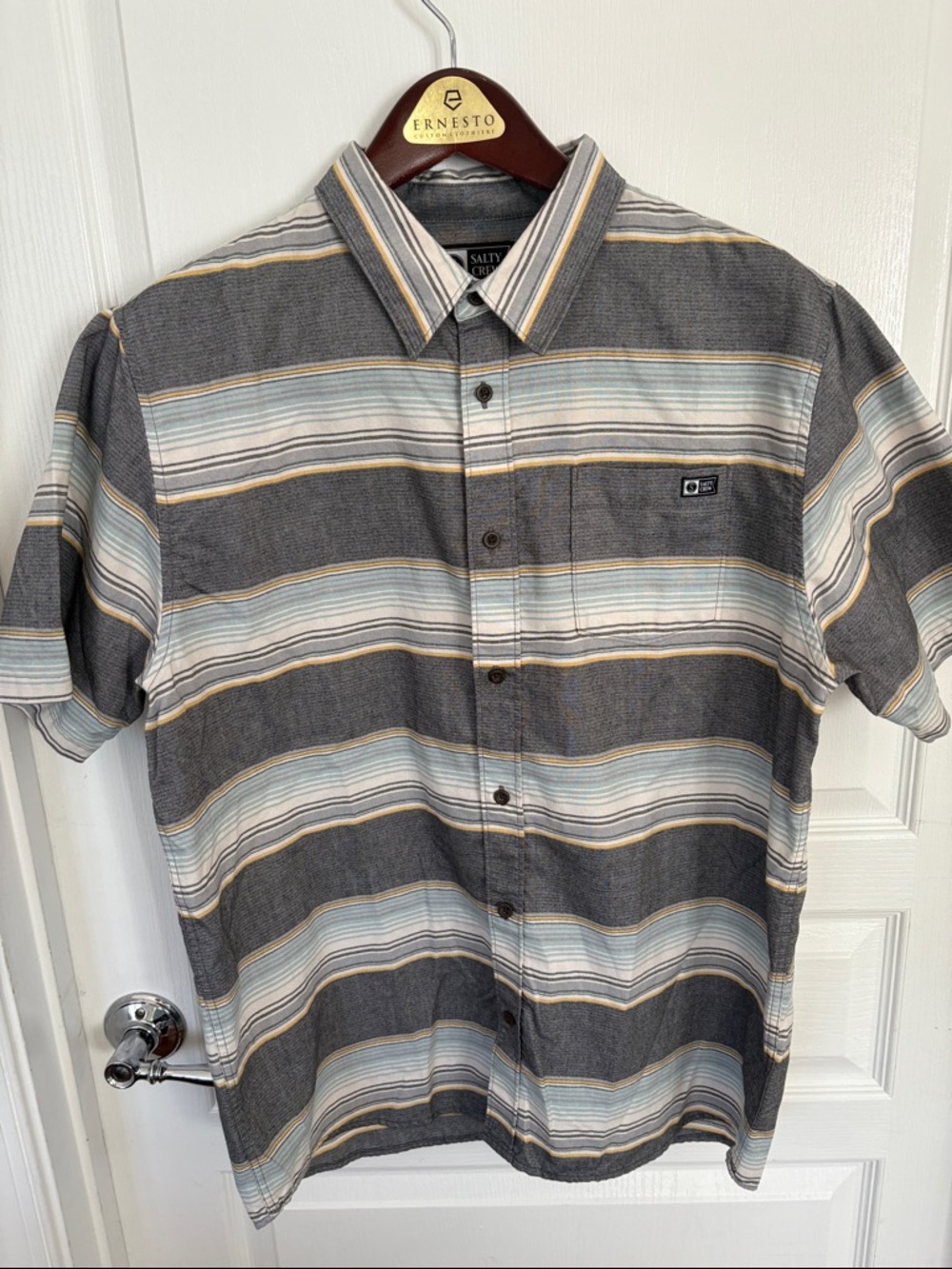 Salty Crew Life Gray and Light Blue Striped Short-Sleeve Button-Up Shirt
